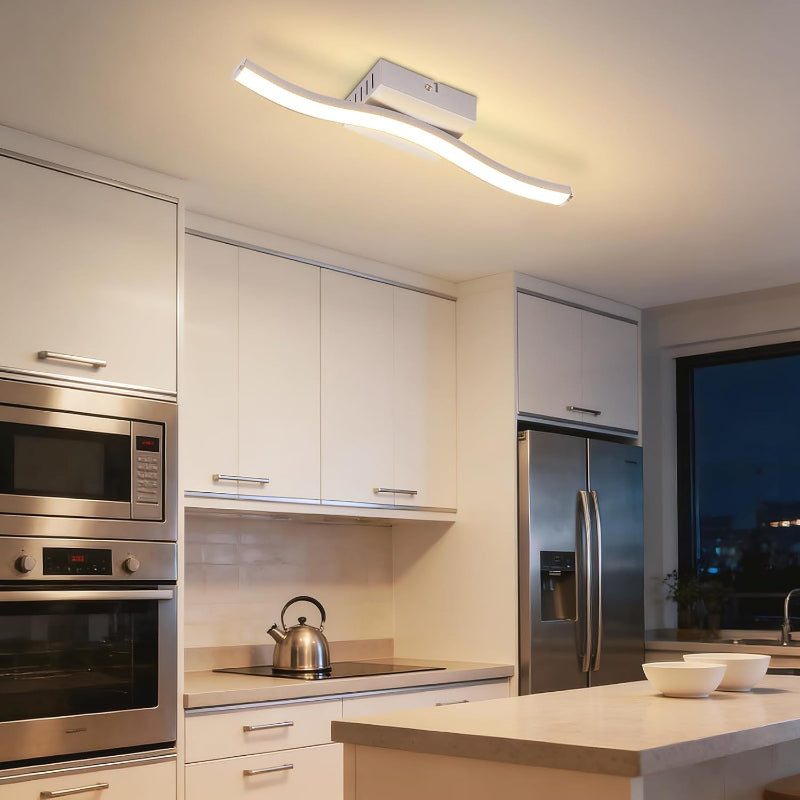 Homefire Deckenlampe LED Küche Deckenleuchte: Modern Küchenlampe Silber 12W Flurlampe 3000K Warmweiß Wellen Design Schlafzimmerlampe Innen Deckenbeleuchtung für Wohnzimmer Schlafzimmer Flur Büro - Homefire