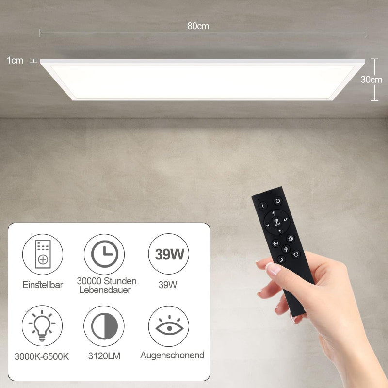Homefire Deckenlampe LED Panel Dimmbar - Deckenleuchte 80x30CM mit Fernbedienung Deckenpanel Lang 39W Weiß Küchenlampe Flach Modern Tageslichtlampe Deck Bürolampe Rechteckig für Wohnzimmer Küche [Energieklasse F] - Homefire