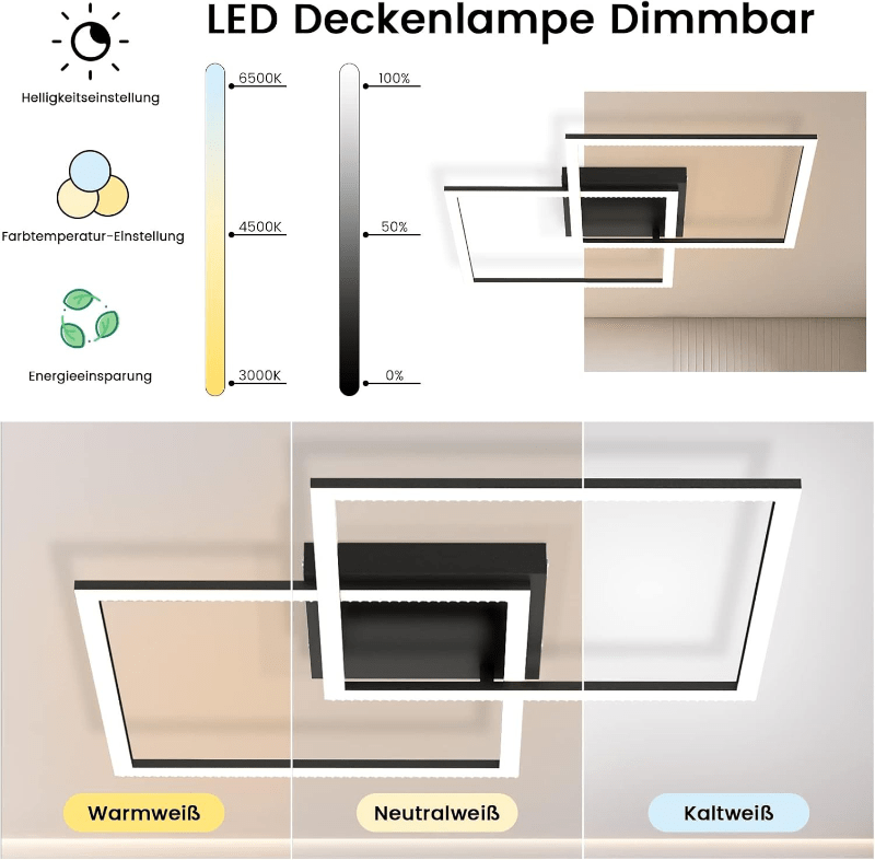 Homefire Deckenlampe LED Wohnzimmer Deckenleuchte - Dimmbar mit Fernbedienung Wohnzimmerlampe Schwarz Schlafzimmerlampe Modern Design Küchenlampe 3000K - 6500K Flurlampe für Schlafzimmer Küche Flur [Energieklasse E] - Homefire