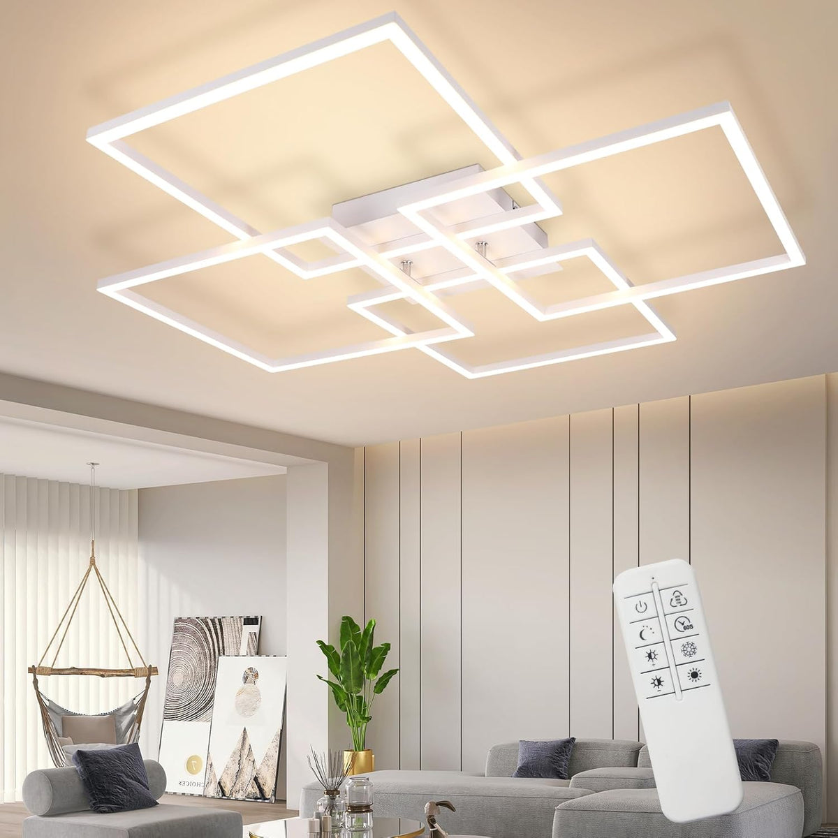 Homefire Deckenlampe Wohnzimmer LED Deckenleuchte - 48W Modern Wohnzimmerlampe Stufenloses Dimmbar 3000K - 6500K Weiß Schlafzimmerlampe mit Fernbedienung Eckig Deckenbeleuchtung für Schlafzimme Küche - Homefire