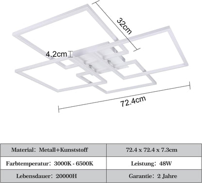 Homefire Deckenlampe Wohnzimmer LED Deckenleuchte - 48W Modern Wohnzimmerlampe Stufenloses Dimmbar 3000K - 6500K Weiß Schlafzimmerlampe mit Fernbedienung Eckig Deckenbeleuchtung für Schlafzimme Küche - Homefire