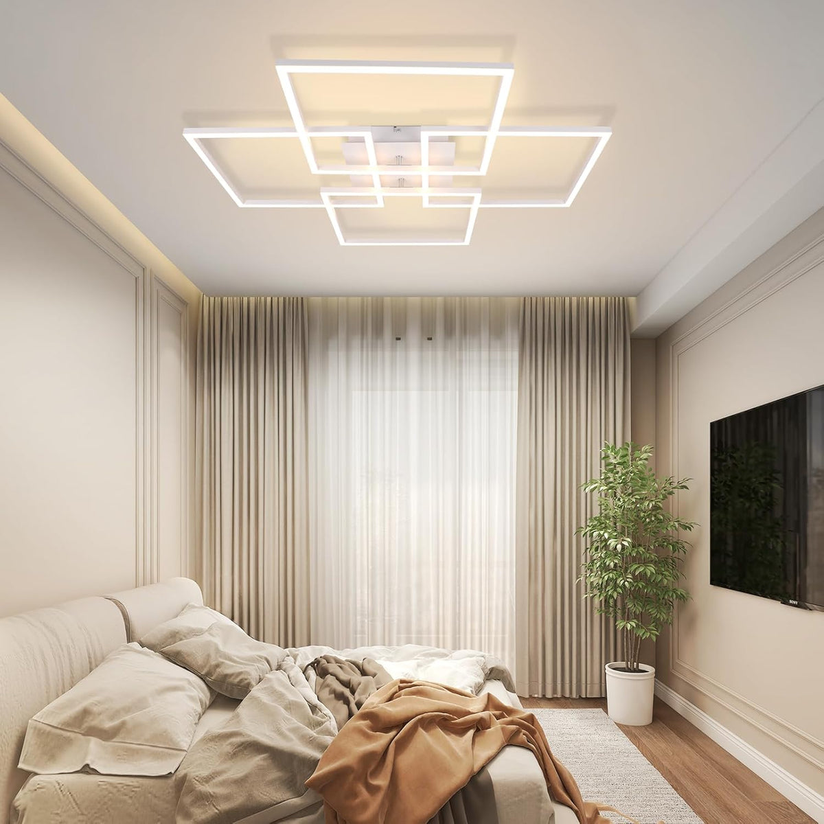 Homefire Deckenlampe Wohnzimmer LED Deckenleuchte - 48W Modern Wohnzimmerlampe Stufenloses Dimmbar 3000K - 6500K Weiß Schlafzimmerlampe mit Fernbedienung Eckig Deckenbeleuchtung für Schlafzimme Küche - Homefire