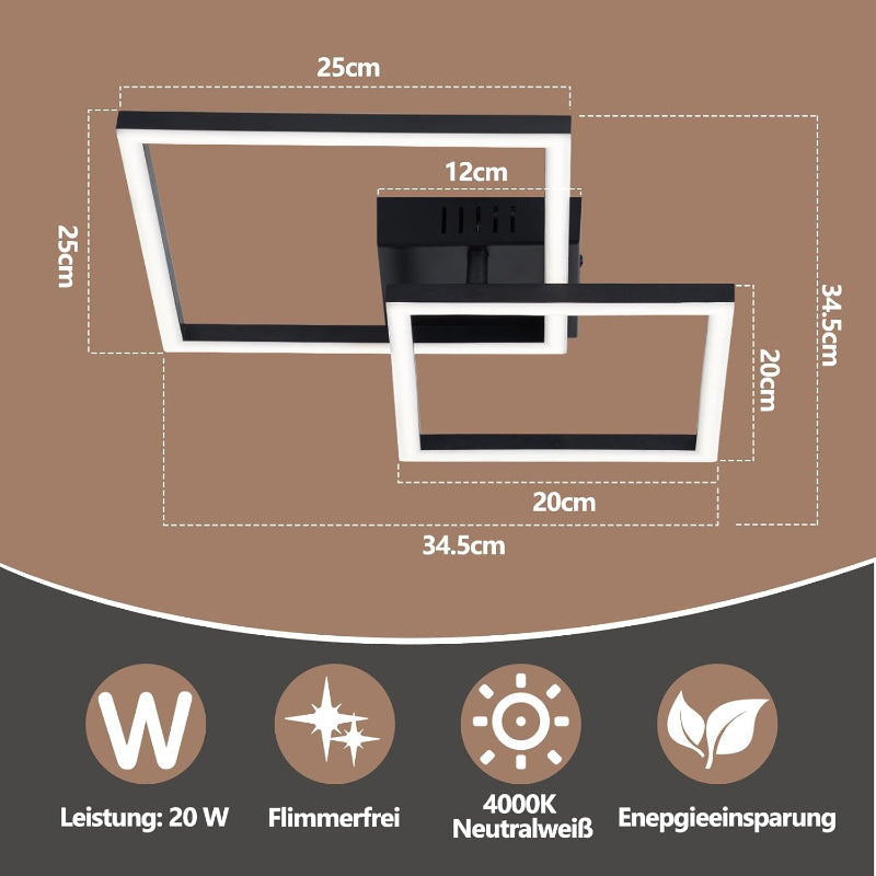 Homefire Deckenleuchte LED Deckenlampe Küche - 20W Schwarz Schlafzimmerlampe 4000K Neutralweiß Modern Küchenlame Drehbar Design Flur Eckig Deckenbeleuchtung für Schlafzimmer Büro Esszimmer - Homefire