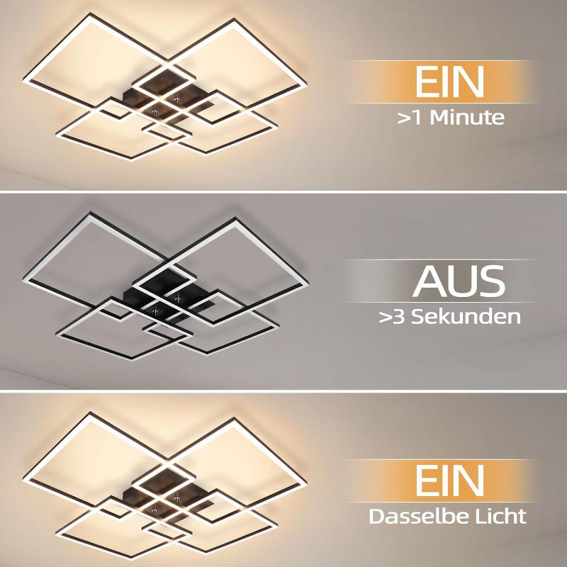 Homefire Deckenleuchte LED Deckenlampe Wohnzimmer - 4 Schwarz Rahmen Schlafzimmerlampe Modern Wohnzimmerlampe 32W 3000K Küchenlampe Warmweiß Esszimmerlampe Rechteckig Design für Schlafzimmer Esszimmer [Energieklasse E] - Homefire