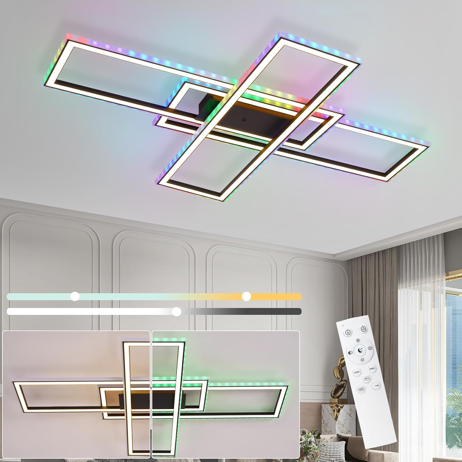 Homefire Deckenleuchte LED Deckenlampe Wohnzimmer - 50W Schwarz Wohnzimmerlampe Dimmbar RGB Farbwechsel Schlafzimmerlampe Modern mit Fernbedienung Büro Deckenleuchten für Jugendzimmer Gaming Zimmer - Homefire