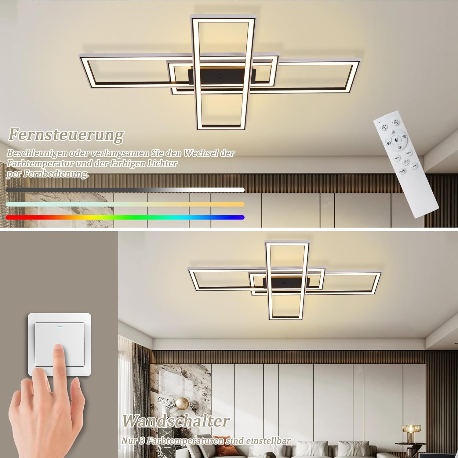 Homefire Deckenleuchte LED Deckenlampe Wohnzimmer - 50W Schwarz Wohnzimmerlampe Dimmbar RGB Farbwechsel Schlafzimmerlampe Modern mit Fernbedienung Büro Deckenleuchten für Jugendzimmer Gaming Zimmer - Homefire