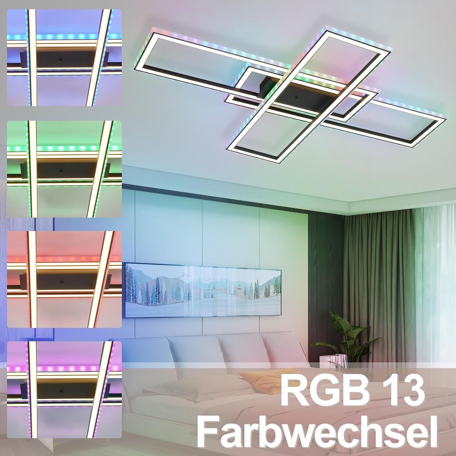Homefire Deckenleuchte LED Deckenlampe Wohnzimmer - 50W Schwarz Wohnzimmerlampe Dimmbar RGB Farbwechsel Schlafzimmerlampe Modern mit Fernbedienung Büro Deckenleuchten für Jugendzimmer Gaming Zimmer - Homefire