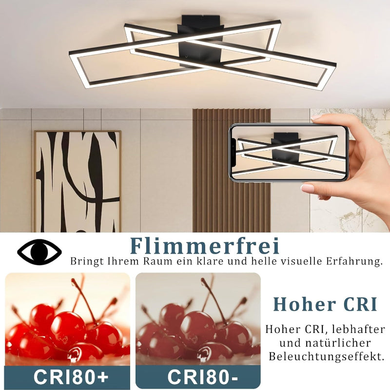Homefire Deckenleuchte LED Deckenlampe Wohnzimmer - 67cm Schlafzimmerlampe 36W Dimmbar mit Fernbedienung Schwarz Küchenlampe Modern Rechteckige Deckenbeleuchtung Memory-Funktion für Küche Esszimmer - Homefire