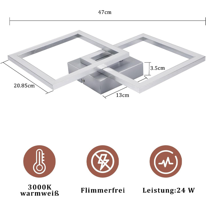 Homefire Deckenleuchte LED Deckenlampe Wohnzimmer - Modern Design Küchenlampe 24W 3000K Wohnzimmerlampe Flurlampe Warmweiß Schlafzimmerlampe Flur Deckenbeleuchtung Eckig Silber für Esszimmer Büro [Energieklasse E] - Homefire