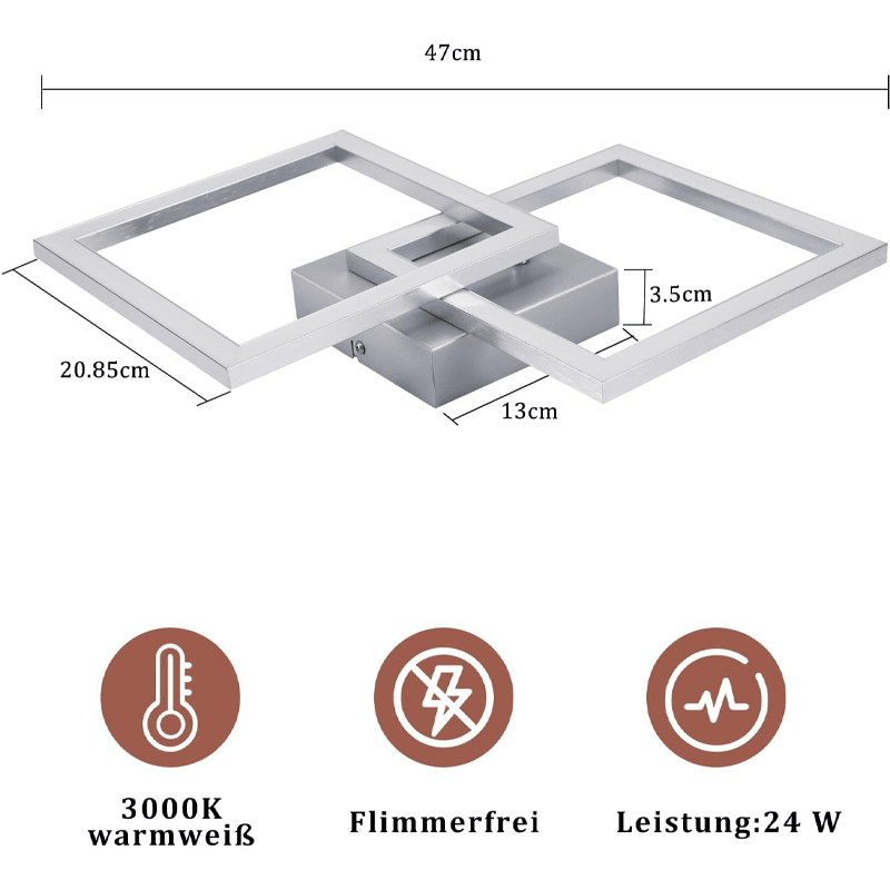 Homefire Deckenleuchte LED Deckenlampe Wohnzimmer - Modern Design Küchenlampe 24W 3000K Wohnzimmerlampe Flurlampe Warmweiß Schlafzimmerlampe Flur Deckenbeleuchtung Eckig Silber für Esszimmer Büro - Homefire