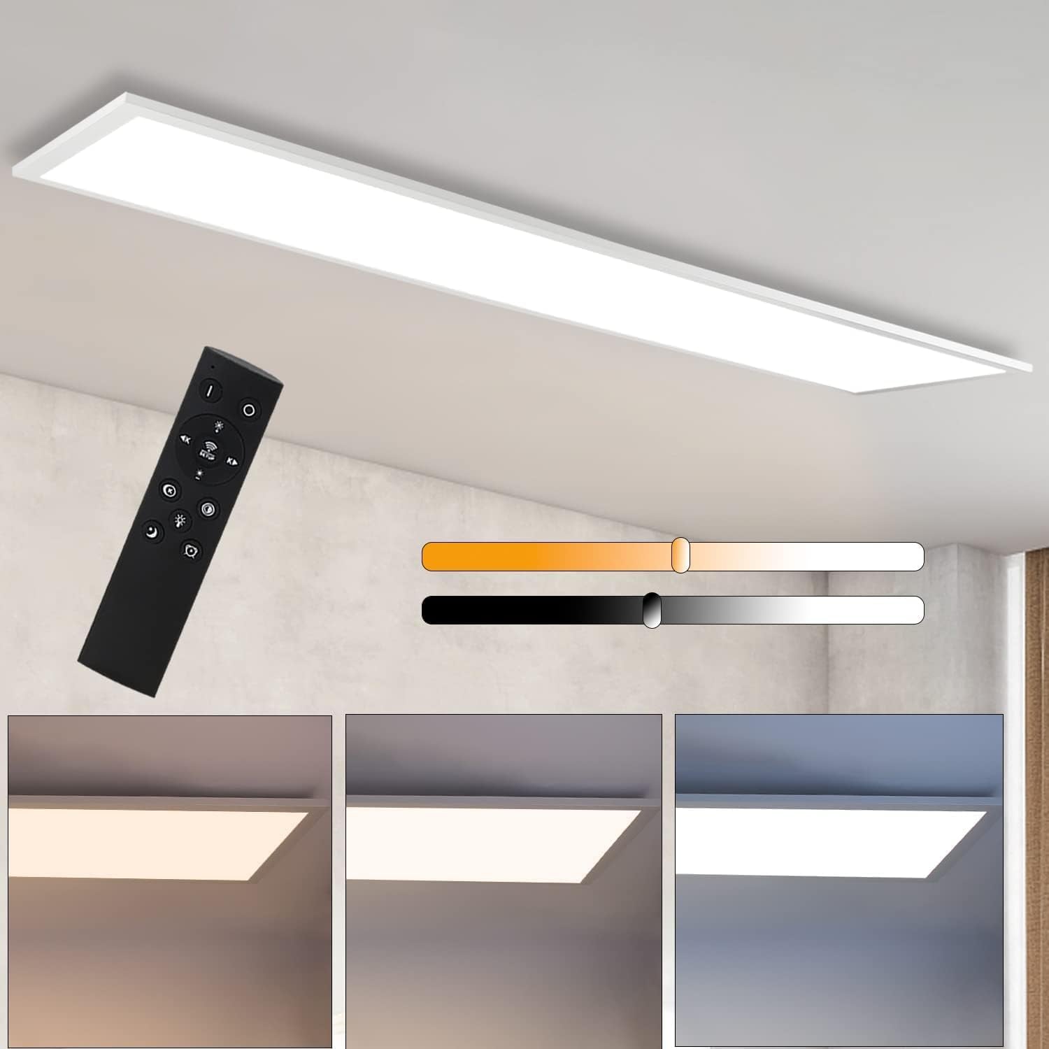 Homefire Deckenleuchte LED Panel 120x30CM Deckenlampe Flach Dimmbar mit Fernbedienung 48W Deckenpanel Lang Modern Küchenlampe Rechteckig Weiß Bürolampe Tageslichtlampe Deck für Küche Wohnzimmer Büro - Homefire