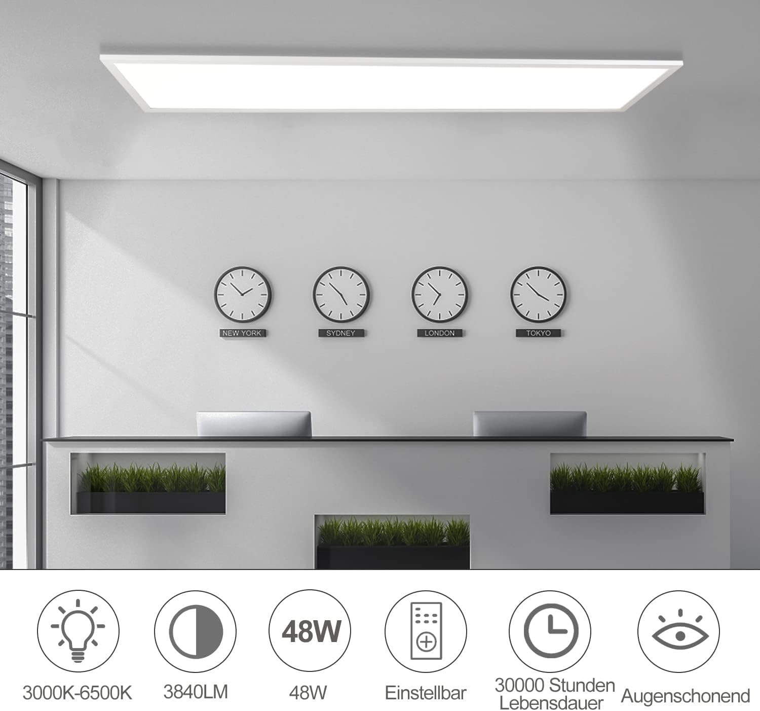 Homefire Deckenleuchte LED Panel 120x30CM Deckenlampe Flach Dimmbar mit Fernbedienung 48W Deckenpanel Lang Modern Küchenlampe Rechteckig Weiß Bürolampe Tageslichtlampe Deck für Küche Wohnzimmer Büro - Homefire