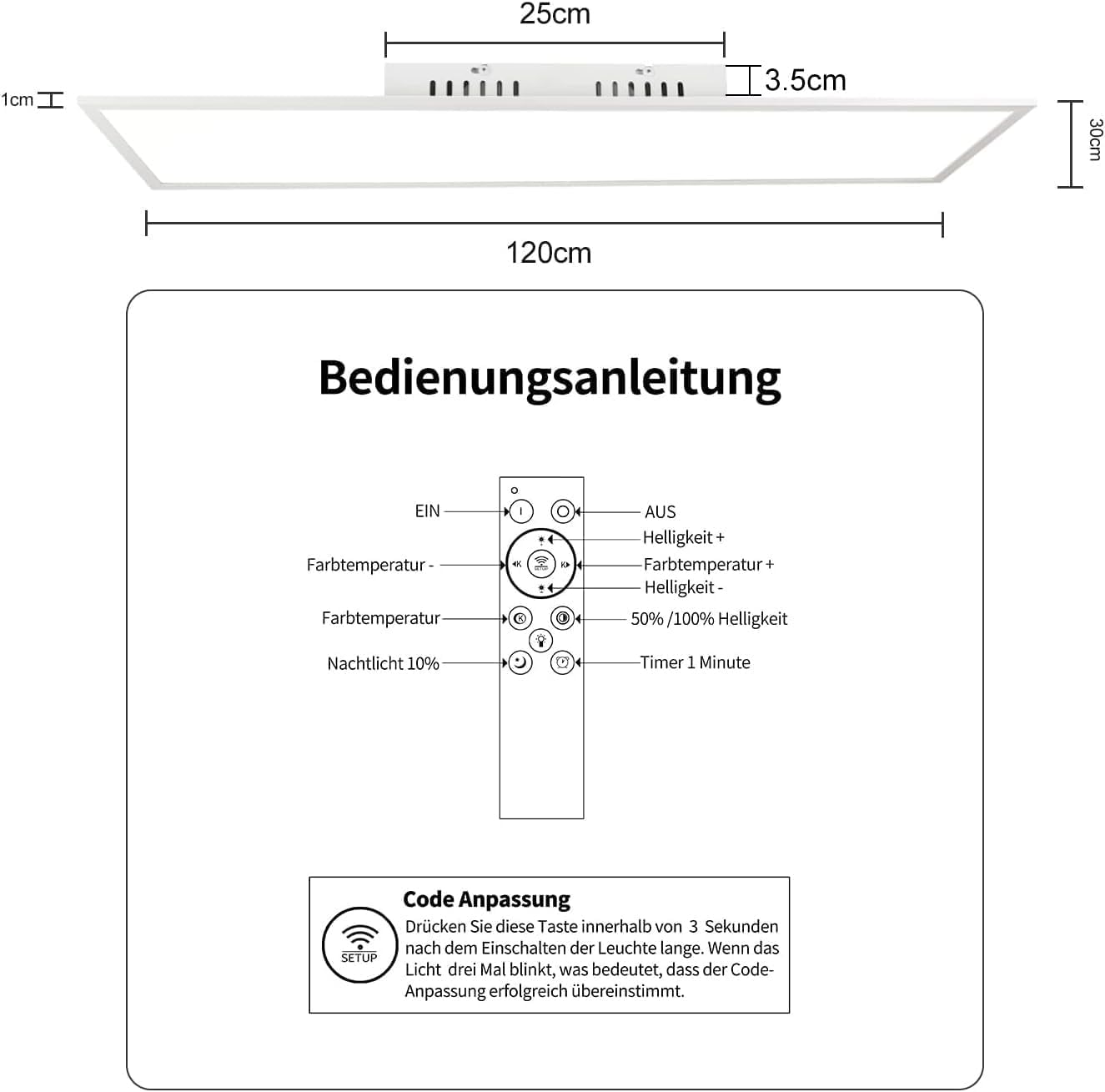 Homefire Deckenleuchte LED Panel 120x30CM Deckenlampe Flach Dimmbar mit Fernbedienung 48W Deckenpanel Lang Modern Küchenlampe Rechteckig Weiß Bürolampe Tageslichtlampe Deck für Küche Wohnzimmer Büro - Homefire