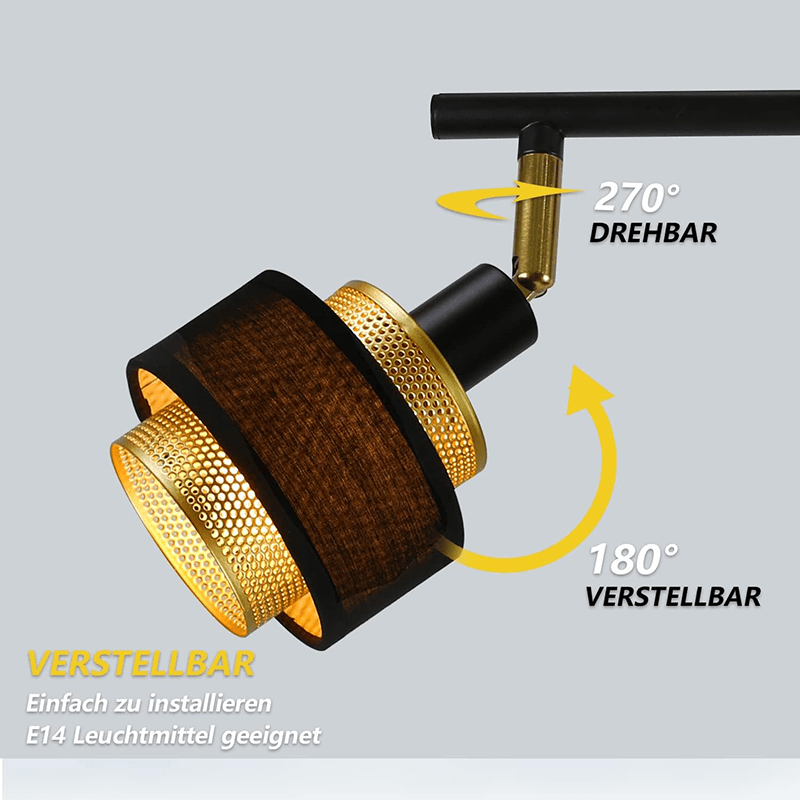 Homefire Deckenleuchte Schwarz Deckenstrahler Vintage - Deckenlampe Wohnzimmer mit 3 Flammig E14 Retro Schlafzimmer Gold Metall Schwenkbar Industrial Deckenspots für Küche Flur Esszimmer - Homefire