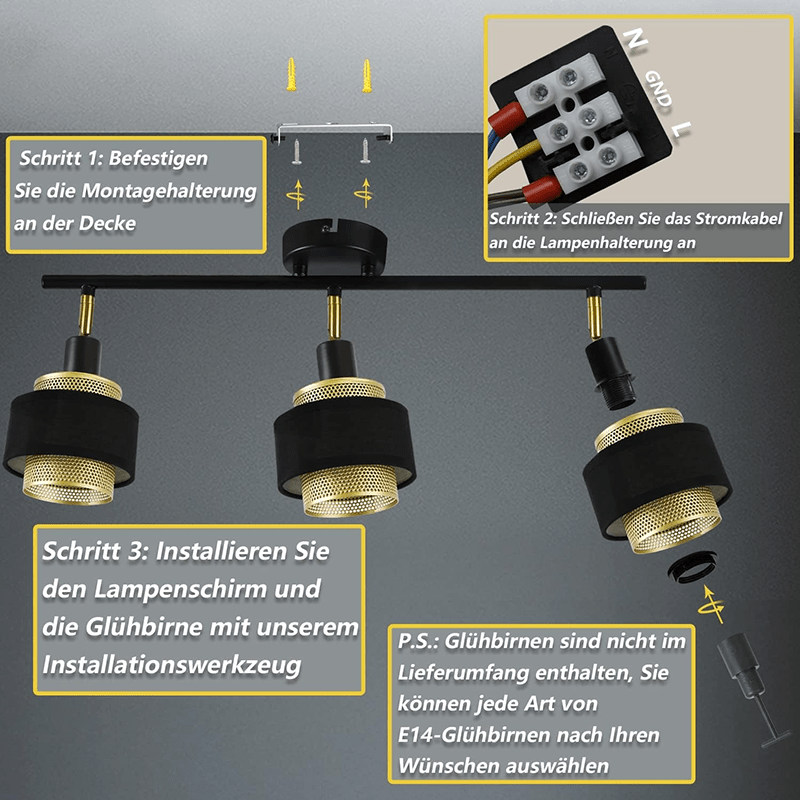 Homefire Deckenleuchte Schwarz Deckenstrahler Vintage - Deckenlampe Wohnzimmer mit 3 Flammig E14 Retro Schlafzimmer Gold Metall Schwenkbar Industrial Deckenspots für Küche Flur Esszimmer - Homefire