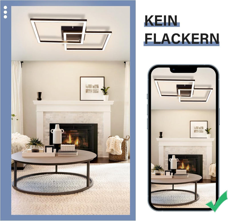 Homefire Deckenleuchte Wohnzimmer LED Deckenlampe 65cm - 24W Modern Wohnzimmerlampe Schwarz Schlafzimmerlampe Decke 3000K Warmweiß Eckig Design Deckenbeleuchtung für Schlafzimmer Küche [Energieklasse E] - Homefire