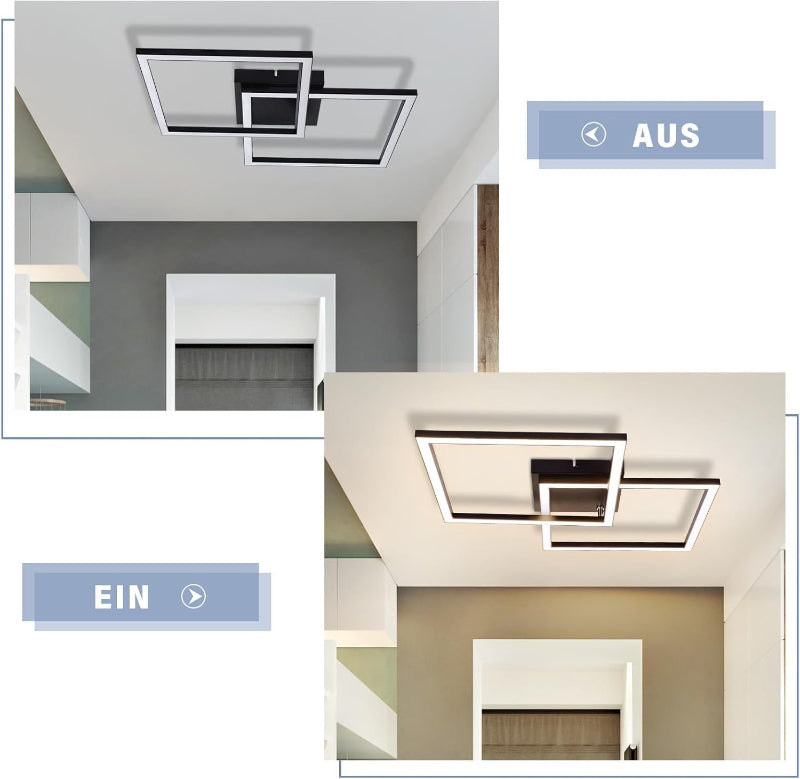 Homefire Deckenleuchte Wohnzimmer LED Deckenlampe 65cm - 24W Modern Wohnzimmerlampe Schwarz Schlafzimmerlampe Decke 3000K Warmweiß Eckig Design Deckenbeleuchtung für Schlafzimmer Küche [Energieklasse E] - Homefire