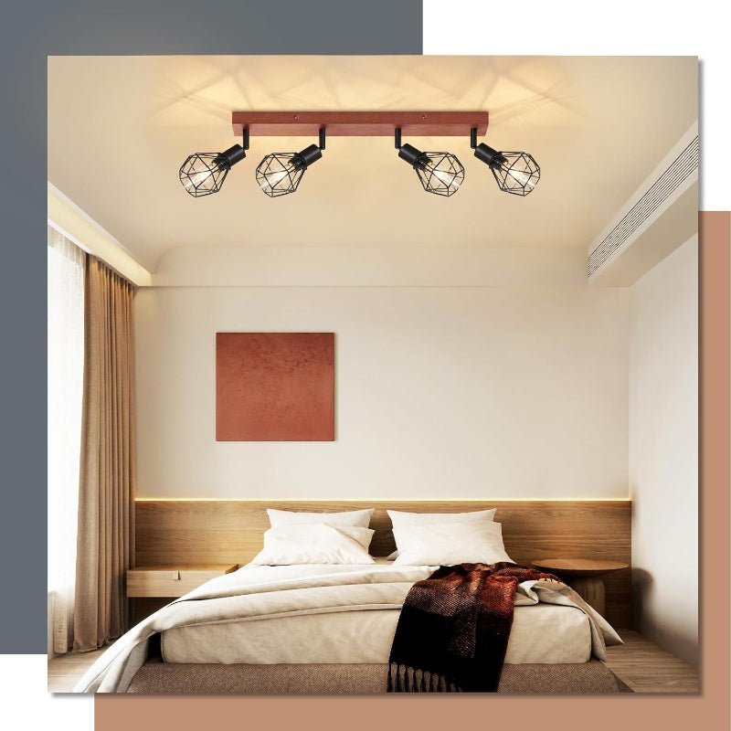 Homefire Deckenstrahler Schwarz 4 Flammig E14 Denckenspots - Holz Vintage Metall Deckenlampe Schwenkbar 350° MAX.25W Innen für Schlafzimmer Wohnzimmer Esszimmer Küche Ohne Leuchtmittel - Homefire