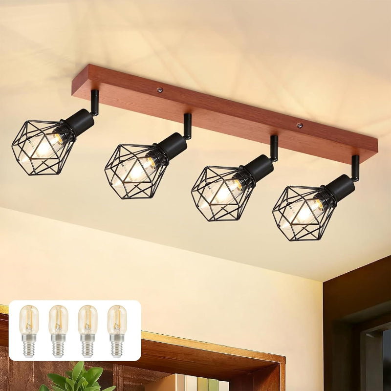 Homefire Deckenstrahler Schwarz 4 Flammig E14 Denckenspots - Holz Vintage Metall Deckenlampe Schwenkbar 350° MAX.25W Innen für Schlafzimmer Wohnzimmer Esszimmer Küche Ohne Leuchtmittel - Homefire