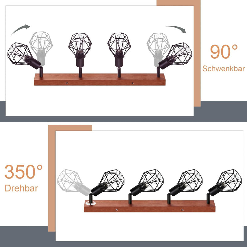 Homefire Deckenstrahler Schwarz 4 Flammig E14 Denckenspots - Holz Vintage Metall Deckenlampe Schwenkbar 350° MAX.25W Innen für Schlafzimmer Wohnzimmer Esszimmer Küche Ohne Leuchtmittel - Homefire