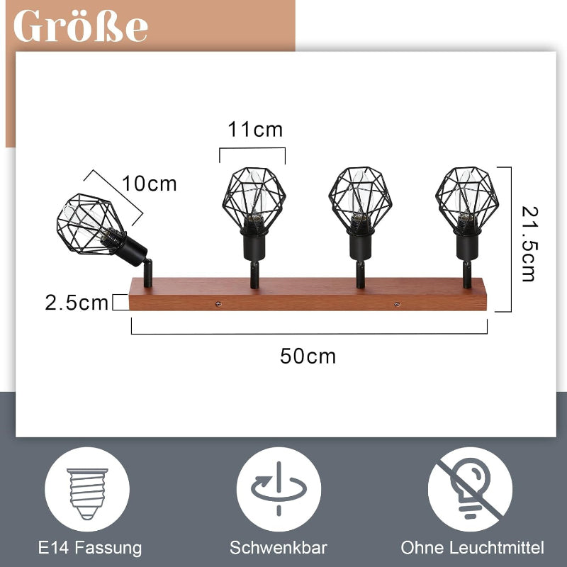 Homefire Deckenstrahler Schwarz 4 Flammig E14 Denckenspots - Holz Vintage Metall Deckenlampe Schwenkbar 350° MAX.25W Innen für Schlafzimmer Wohnzimmer Esszimmer Küche Ohne Leuchtmittel - Homefire