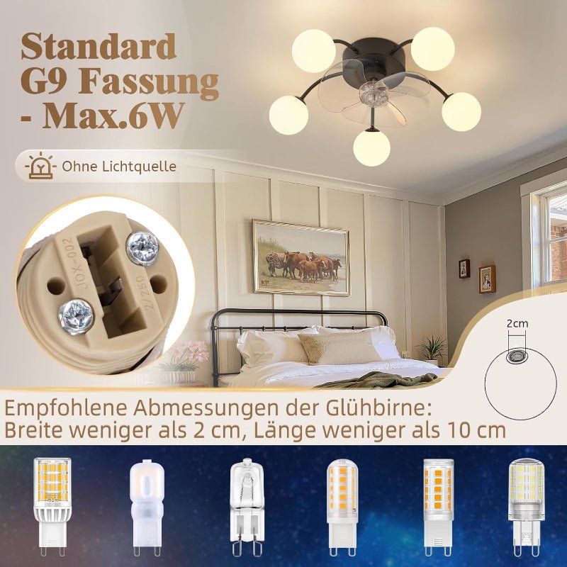 Homefire Deckenventilator mit Beleuchtung Leise: G9 Deckenlampe Mit Ventilator 5 Flammig Schwarz 6-Gang Deckenventilatoren Mit Licht/Fernbedienung/Timer für Wohnzimmer Schlafzimmer - Ohne Leuchtmittel - Homefire