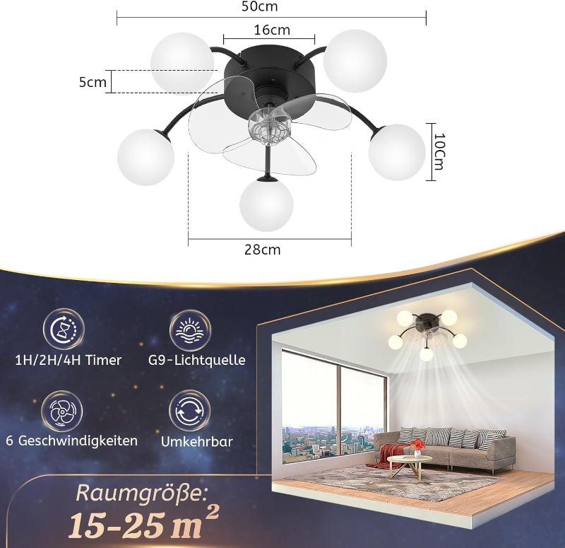 Homefire Deckenventilator mit Beleuchtung Leise: G9 Deckenlampe Mit Ventilator 5 Flammig Schwarz 6-Gang Deckenventilatoren Mit Licht/Fernbedienung/Timer für Wohnzimmer Schlafzimmer - Ohne Leuchtmittel - Homefire