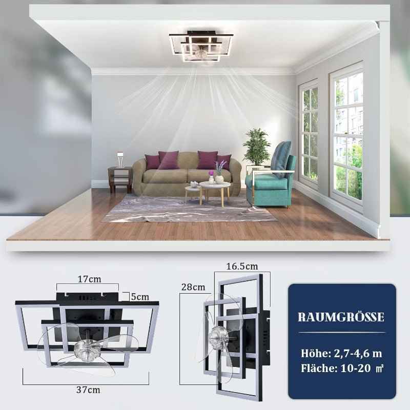 Homefire Deckenventilator mit Beleuchtung Leise - LED Deckenleuchte Ventilator Mit Fernbedienung 3000K-6500K Dimmbar 6-Gang Modern Schwarz Schlafzimmer Lampe Mit Ventilator Timer für Wohnzimmer Küche - Homefire