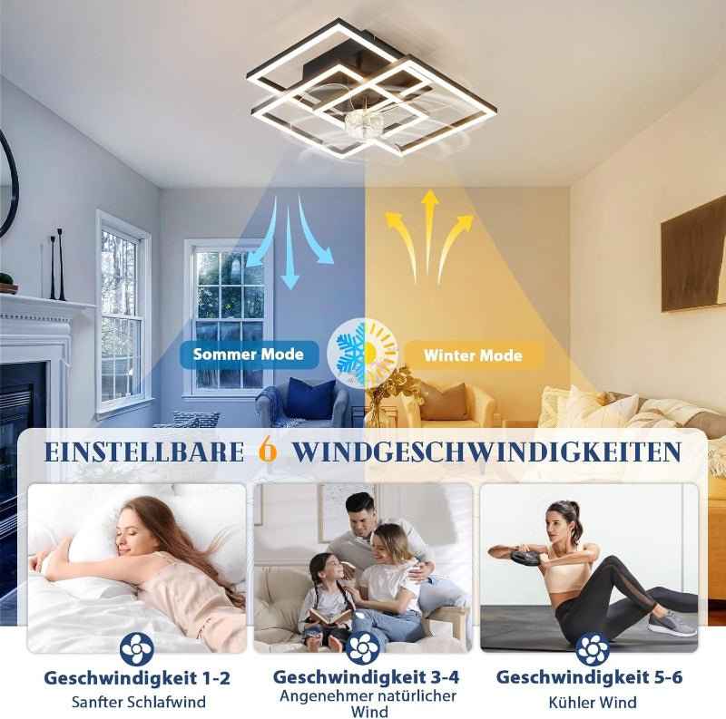Homefire Deckenventilator mit Beleuchtung Leise - LED Deckenleuchte Ventilator Mit Fernbedienung 3000K-6500K Dimmbar 6-Gang Modern Schwarz Schlafzimmer Lampe Mit Ventilator Timer für Wohnzimmer Küche - Homefire