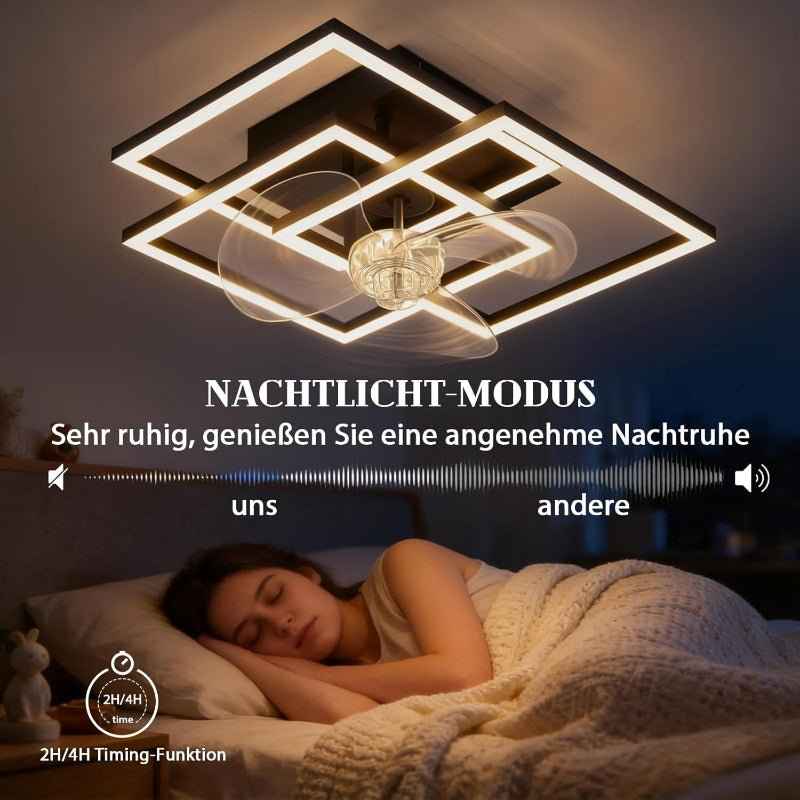 Homefire Deckenventilator mit Beleuchtung Leise - LED Deckenleuchte Ventilator Mit Fernbedienung 3000K-6500K Dimmbar 6-Gang Modern Schwarz Schlafzimmer Lampe Mit Ventilator Timer für Wohnzimmer Küche - Homefire