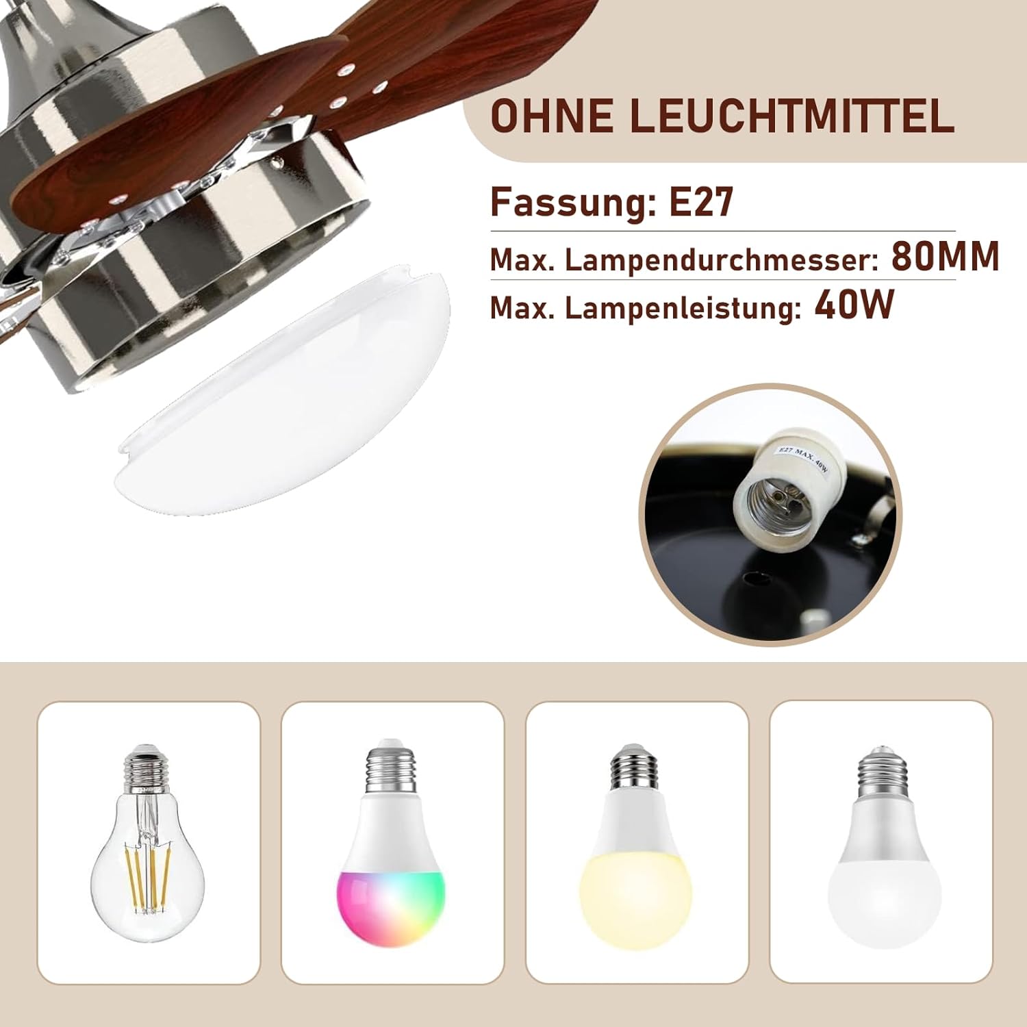 Homefire Deckenventilator Mit Beleuchtung Leise: Ø75CM 6 Flügeln Deckenlampe mit Ventilator und Fernbedienung Timing Deckenleuchte Fan Chrom Sommer Winter für Wohnzimmer Küche Ohne Lichtquelle - Homefire