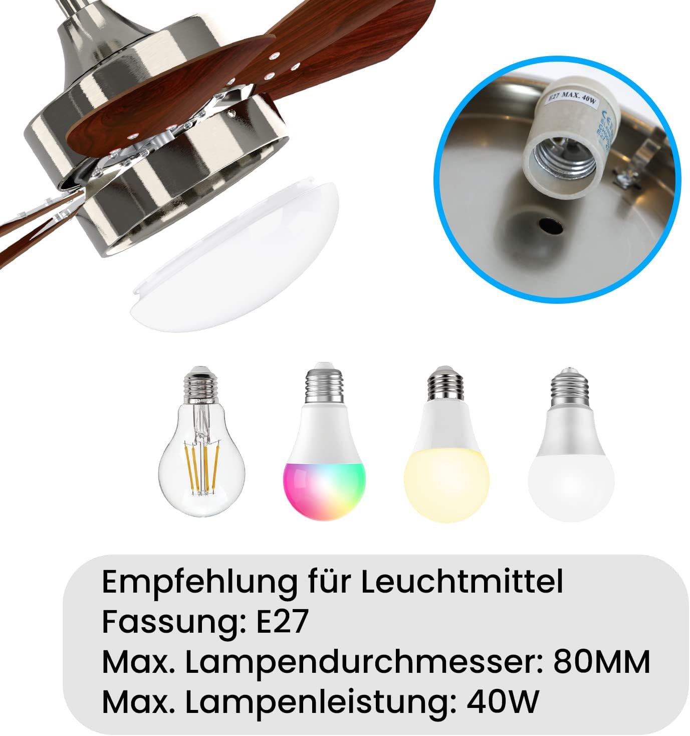 Homefire Deckenventilator Mit Beleuchtung Leise: Ø75CM 6 Flügeln Deckenlampe mit Ventilator und Fernbedienung Timing Deckenleuchte Fan Chrom Sommer Winter für Wohnzimmer Küche Ohne Lichtquelle - Homefire