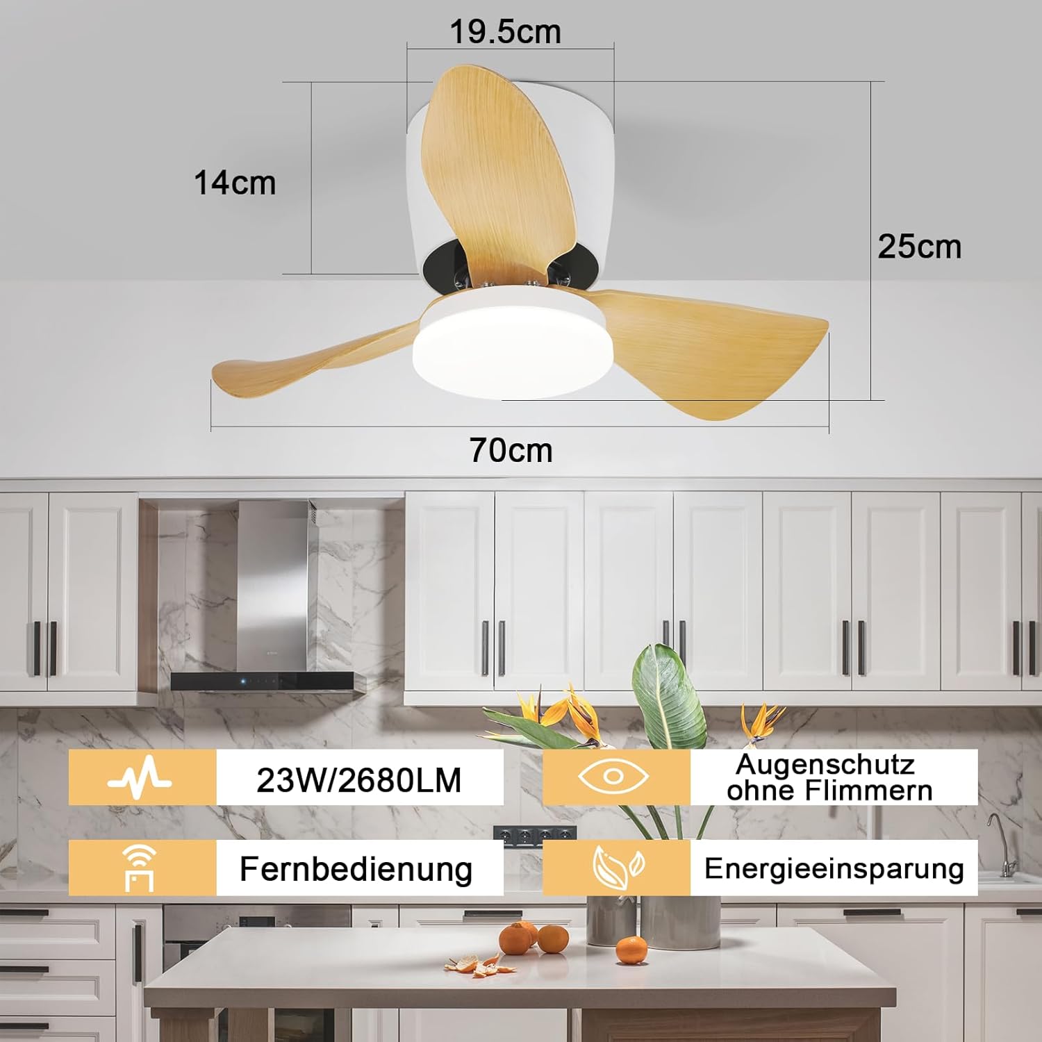 Homefire Deckenventilator Mit Beleuchtung und Fernbedienung - 23W LED Dimmbar Deckenleuchte mit Ventilator Leise 70CM Ventilator mit Licht Sommer/Winter 6-Gang Timer für Schlafzimmer Kinderzimmer Büro [Energieklasse E] - Homefire