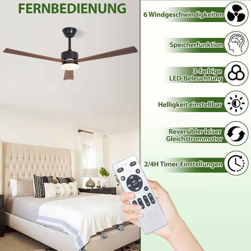Homefire Deckenventilator mit Beleuchtung und Fernbedienung - LED 22W Deckenventilatorn leise Holz 131cm Ventilator mit Licht Dimmbar 6 Gang Timer Deckenlampe Ventilator Schlafzimmer Wohnzimmer - Homefire
