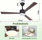 Homefire Deckenventilator mit Beleuchtung und Fernbedienung - LED 22W Deckenventilatorn leise Holz 131cm Ventilator mit Licht Dimmbar 6 Gang Timer Deckenlampe Ventilator Schlafzimmer Wohnzimmer - Homefire