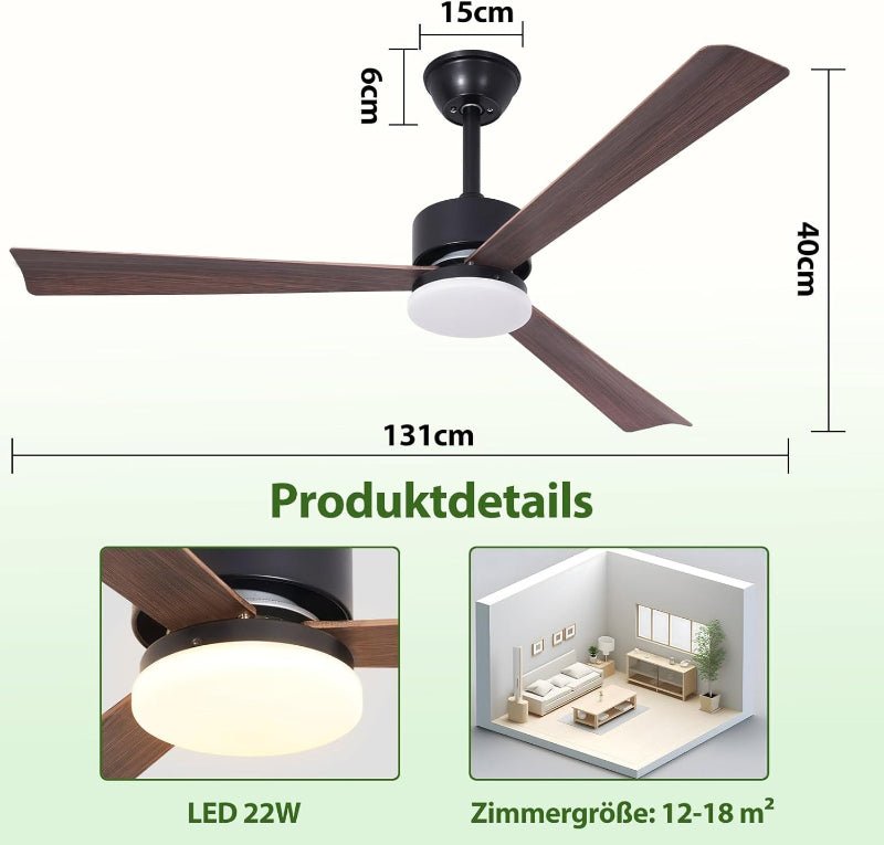 Homefire Deckenventilator mit Beleuchtung und Fernbedienung - LED 22W Deckenventilatorn leise Holz 131cm Ventilator mit Licht Dimmbar 6 Gang Timer Deckenlampe Ventilator Schlafzimmer Wohnzimmer - Homefire