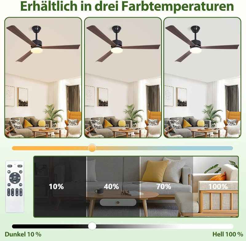 Homefire Deckenventilator mit Beleuchtung und Fernbedienung - LED 22W Deckenventilatorn leise Holz 131cm Ventilator mit Licht Dimmbar 6 Gang Timer Deckenlampe Ventilator Schlafzimmer Wohnzimmer - Homefire