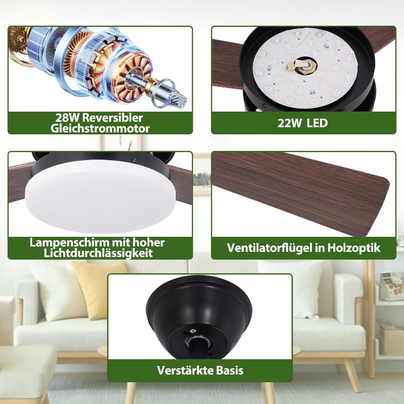 Homefire Deckenventilator mit Beleuchtung und Fernbedienung - LED 22W Deckenventilatorn leise Holz 131cm Ventilator mit Licht Dimmbar 6 Gang Timer Deckenlampe Ventilator Schlafzimmer Wohnzimmer - Homefire