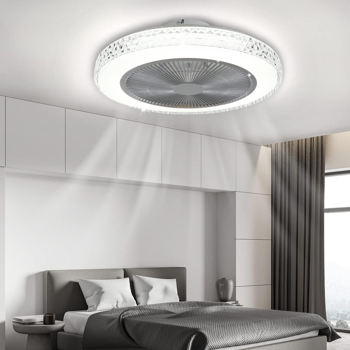 Homefire Deckenventilator Mit Beleuchtung und Fernbedienung Leise - 48.5CM LED Deckenlampe Dimmbar Wohnzimmer Ventilator Timing Deckenleuchte Fan Kristall Sommer-/Winter für Schlafzimmer Esszimmer [Energieklasse F] - Homefire