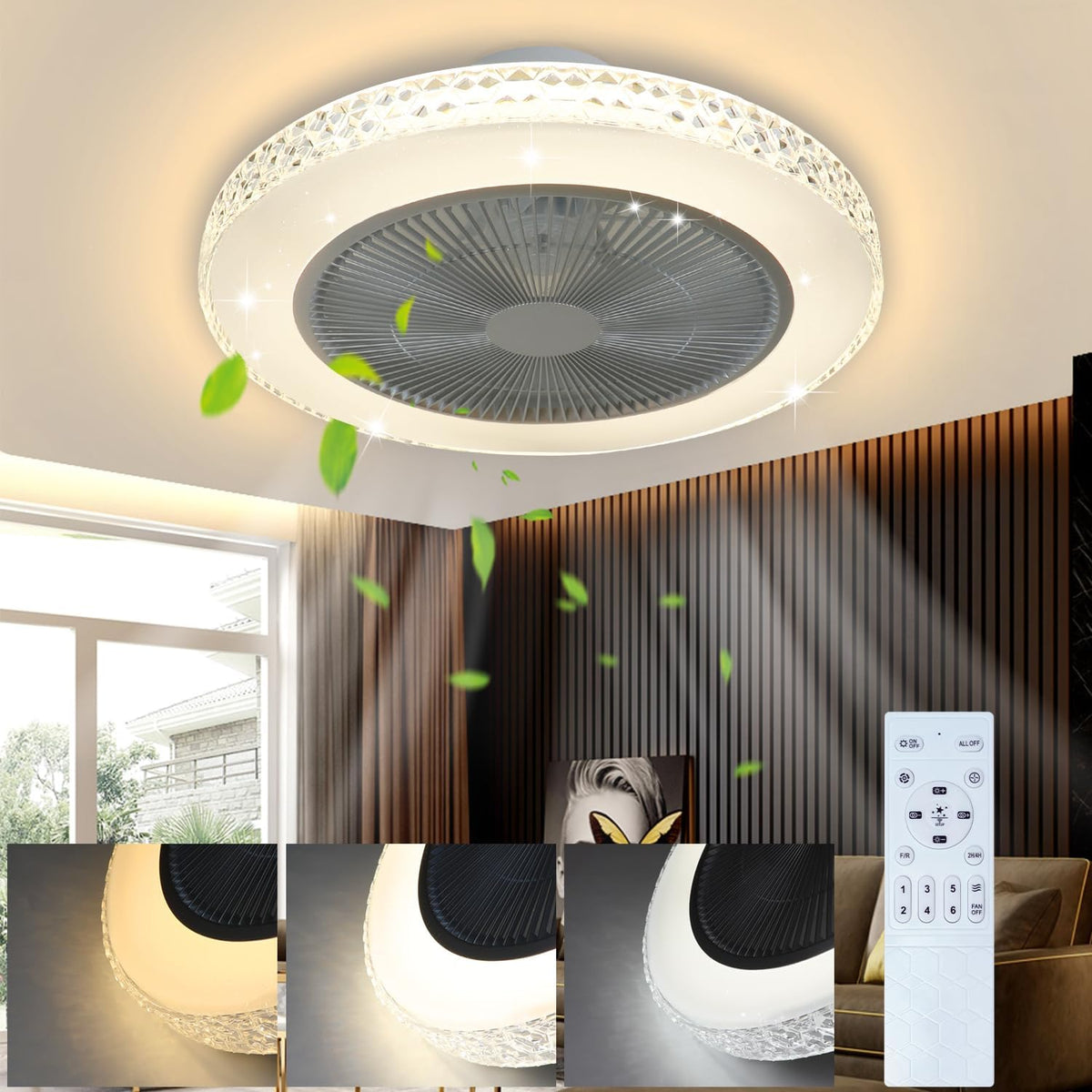 Homefire Deckenventilator Mit Beleuchtung und Fernbedienung Leise - 48.5CM LED Deckenlampe Dimmbar Wohnzimmer Ventilator Timing Deckenleuchte Fan Kristall Sommer-/Winter für Schlafzimmer Esszimmer [Energieklasse F] - Homefire