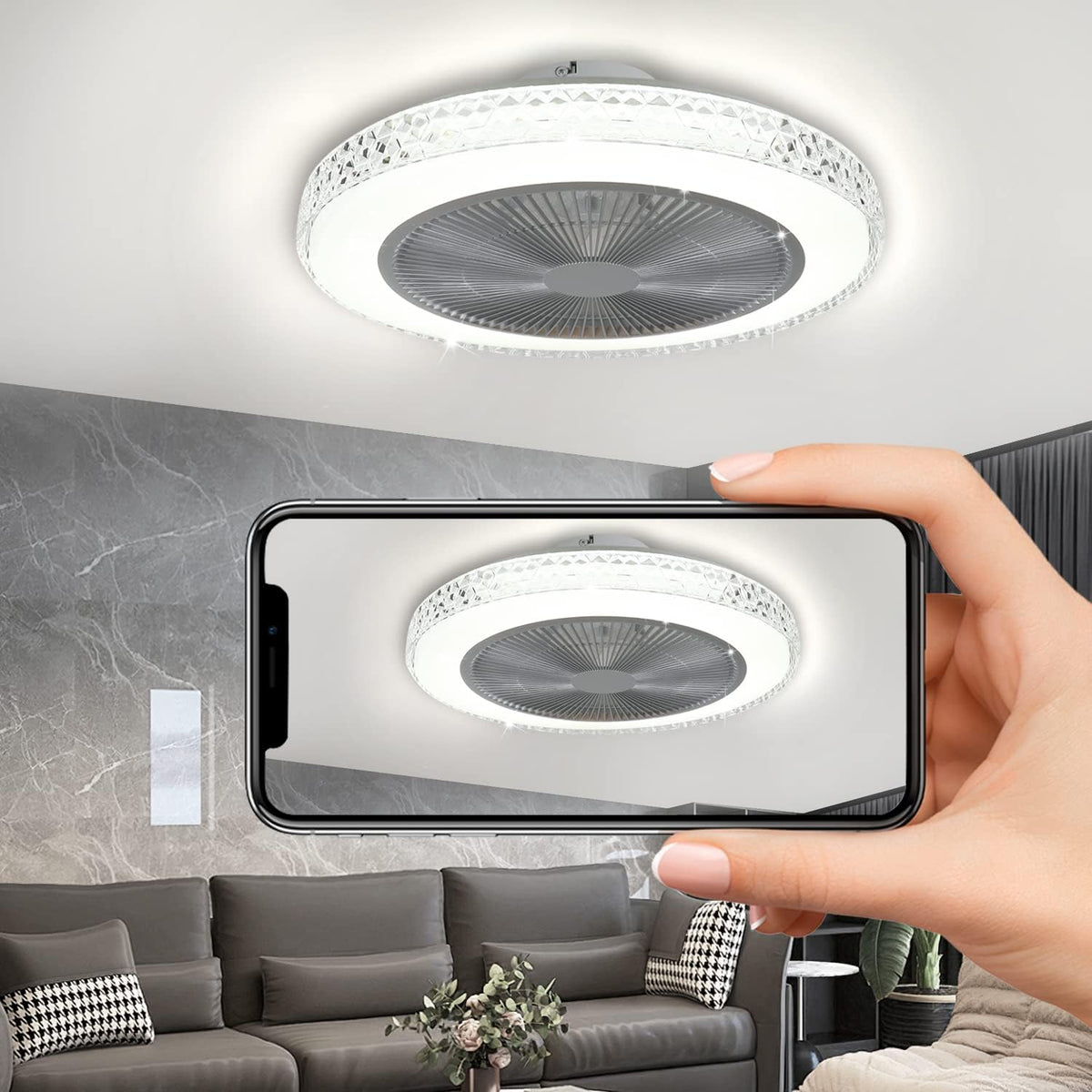 Homefire Deckenventilator Mit Beleuchtung und Fernbedienung Leise - 48.5CM LED Deckenlampe Dimmbar Wohnzimmer Ventilator Timing Deckenleuchte Fan Kristall Sommer-/Winter für Schlafzimmer Esszimmer [Energieklasse F] - Homefire