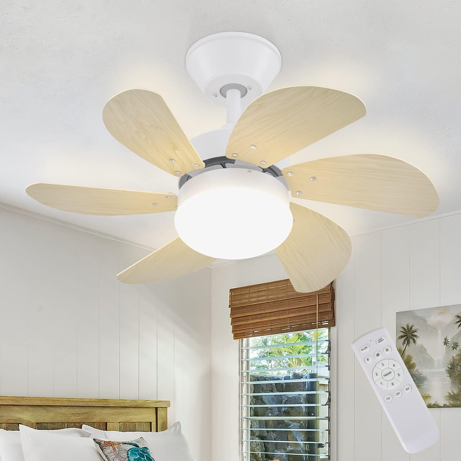 Homefire Deckenventilator Mit Beleuchtung und Fernbedienung Leise - Deckenlampe 6 Flügeln Ø75 cm Ventilator Timing Deckenleuchte Einzelleuchte Fan Sommer-/Winter Schlafzimmer Esszimmer/Holzfarbe - Homefire