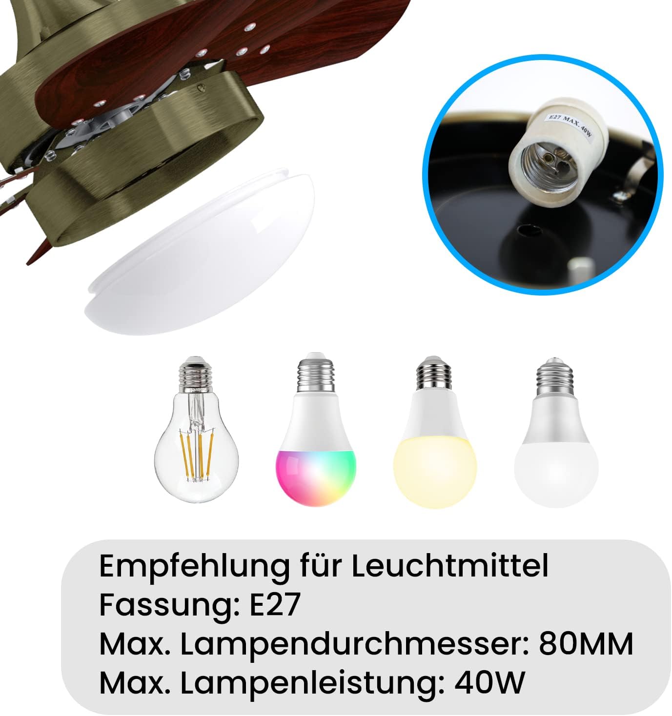 Homefire Deckenventilator Mit Beleuchtung und Fernbedienung Leise - Deckenlampe Ø75 cm 6 Flügeln Ventilator mit Einzelleuchte Deckenleuchte Fan Sommer-/Winter für Schlafzimmer Ohne Lichtquelle - Homefire