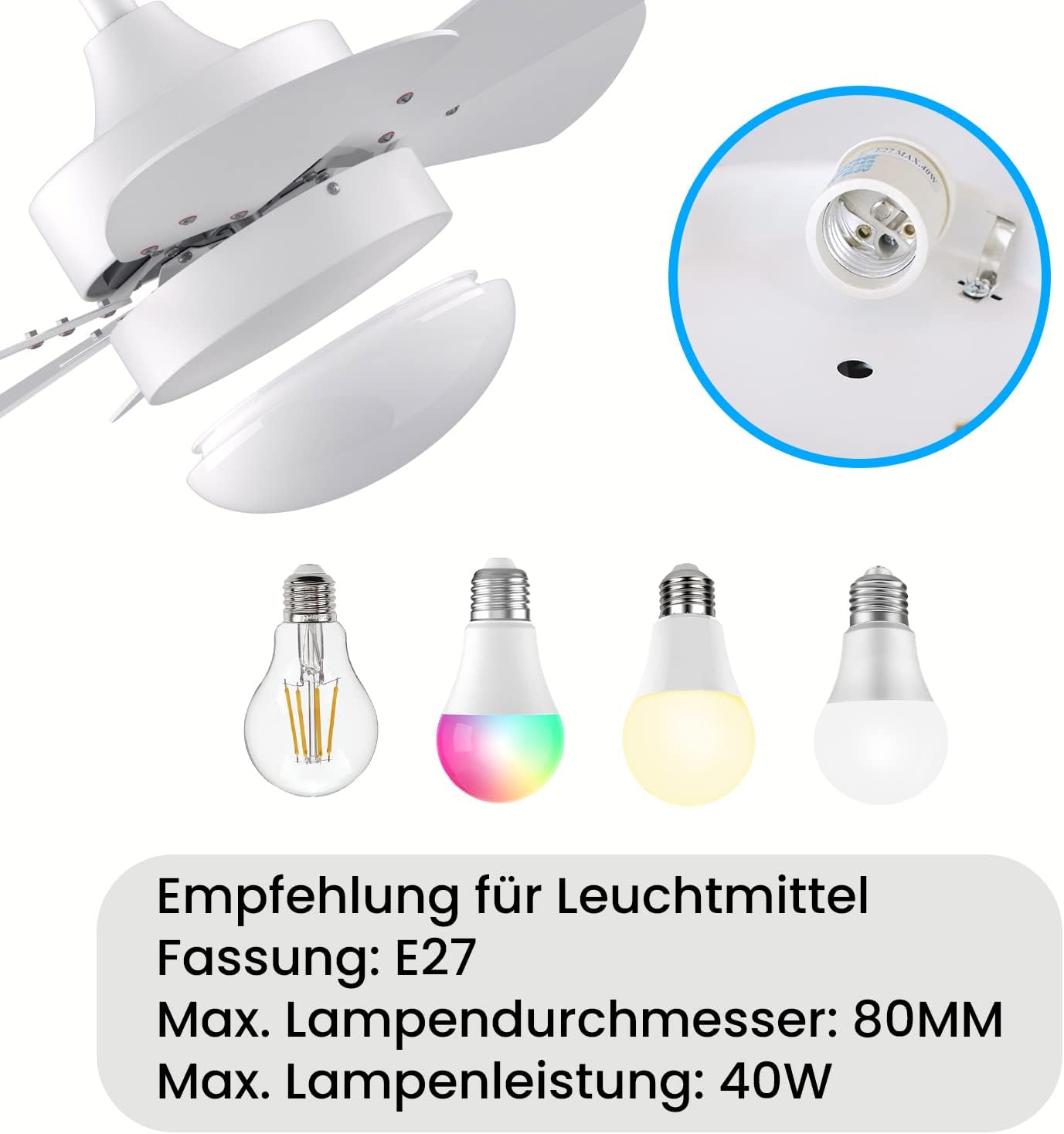 Homefire Deckenventilator Mit Beleuchtung und Fernbedienung Leise - Deckenlampe Wohnzimmer 6 Flügeln Ø75 cm Ventilator Timing Deckenleuchte Fan Sommer-/Winter für Schlafzimmer Küche - Ohne Glühbirne - Homefire