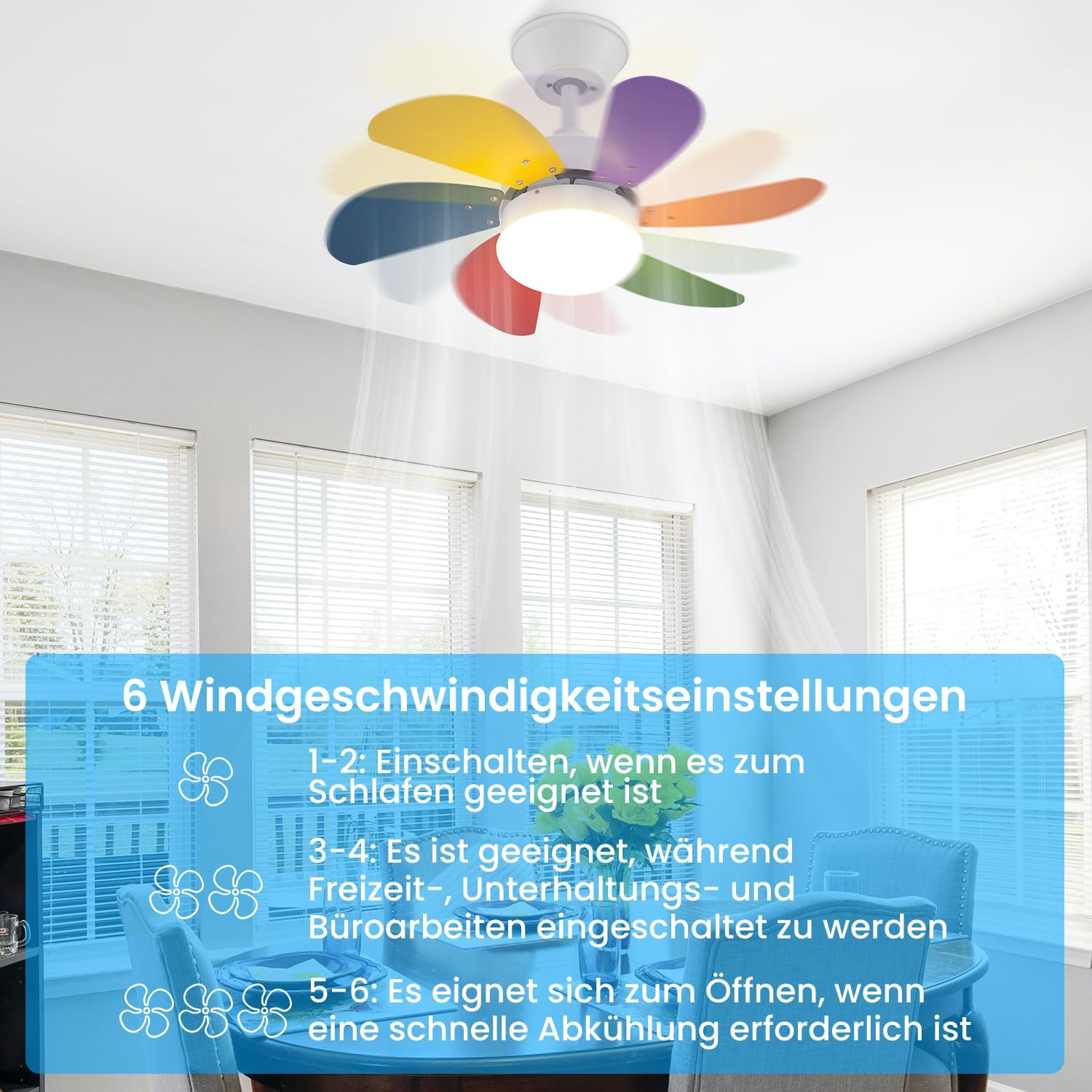 Homefire Deckenventilator Mit Beleuchtung und Fernbedienung Leise - Deckenlampe Wohnzimmer 6 Flügeln Ø75 cm Ventilator Timing Deckenleuchte mit Einzelleuchte Fan Sommer-/Winter Schlafzimmer/Bunt - Homefire