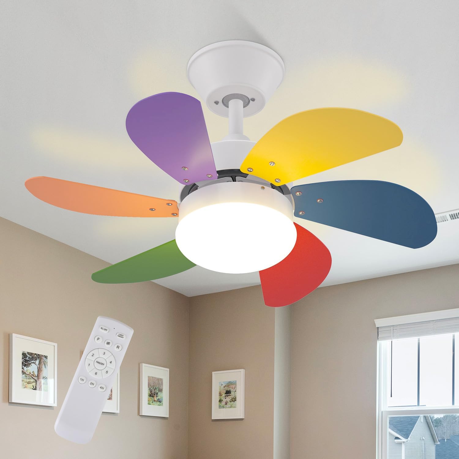 Homefire Deckenventilator Mit Beleuchtung und Fernbedienung Leise - Deckenlampe Wohnzimmer 6 Flügeln Ø75 cm Ventilator Timing Deckenleuchte mit Einzelleuchte Fan Sommer-/Winter Schlafzimmer/Bunt - Homefire