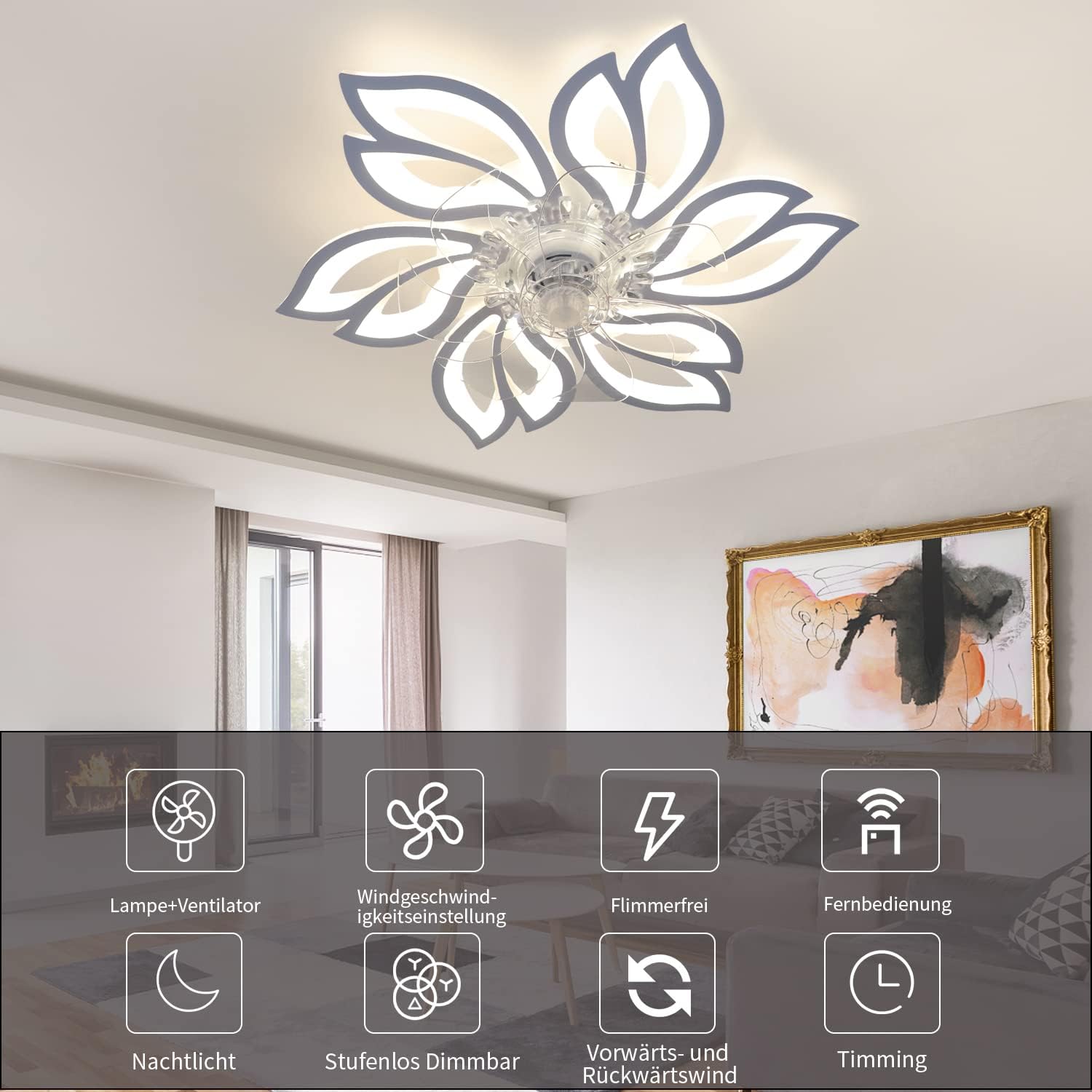 Homefire Deckenventilator Mit Beleuchtung und Fernbedienung Leise - LED Deckenlampe APP Dimmbar Ventilator Timing Deckenleuchte Kreativer 6 Lichter Design Wohnzimmer Fan Winter/Sommer für Schlafzimmer - Homefire