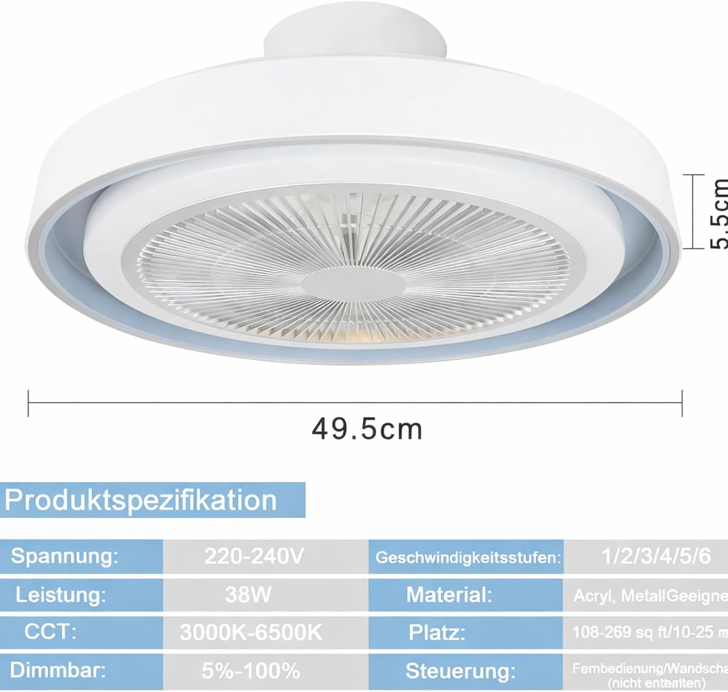 Homefire Deckenventilator mit Beleuchtung und Fernbedienung Leise - LED Dimmbar Deckenlampe mit Ventilator Lampe Decke Timing Deckenleuchte Modern Blau 5 Flügeln Licht für Schlafzimmer Wohnzimmer - Homefire