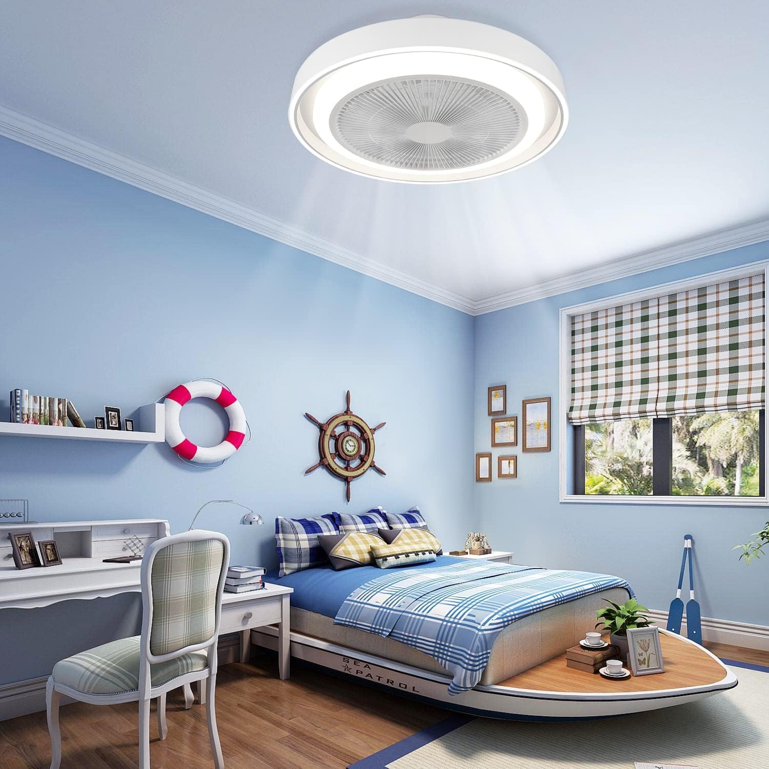Homefire Deckenventilator mit Beleuchtung und Fernbedienung Leise - LED Dimmbar Deckenlampe mit Ventilator Lampe Decke Timing Deckenleuchte Modern Blau 5 Flügeln Licht für Schlafzimmer Wohnzimmer - Homefire