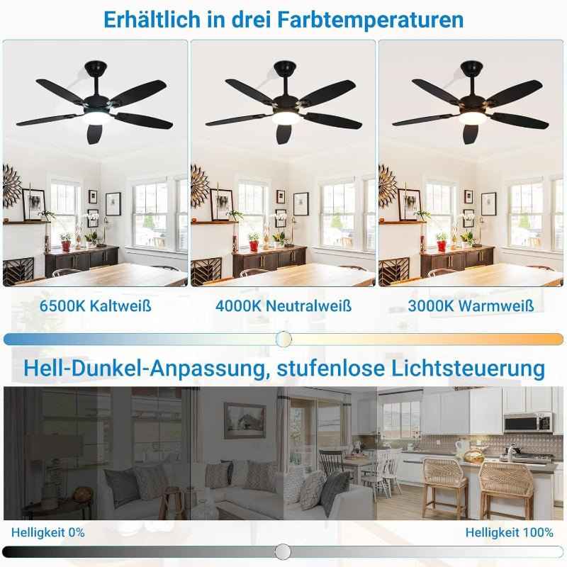 Homefire Deckenventilator mit Licht und Fernbedienung - 110cm Deckenventilatorn mit Beleuchtung Doppelseitige Flügeln, 6 Gänge, Leiser, 3CCT, Dimmbar, Timer, lampe mit ventilator Wohnzimmer Büro - Homefire